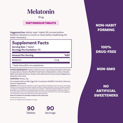 Natrol Melatonin 3 mg Lutschtabletten mit Erdbeergeschmack – 90 Stück, schnell lösliche Tabletten für erholsamen Schlaf