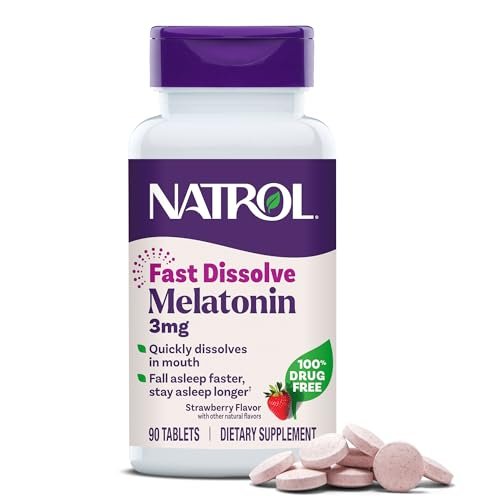 Natrol Melatonin 3 mg Lutschtabletten mit Erdbeergeschmack – 90 Stück, schnell lösliche Tabletten für erholsamen Schlaf