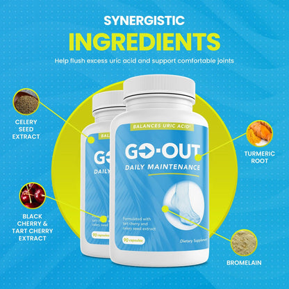 Go Out Daily Maintenance – Natürliche Harnsäureunterstützung mit Sauerkirsche, Selleriesamen und Kurkuma – Veganes, nicht-GVO, glutenfreies Nahrungsergänzungsmittel für Gelenkkomfort und gesunde Nierenfunktion, 90 Kapseln