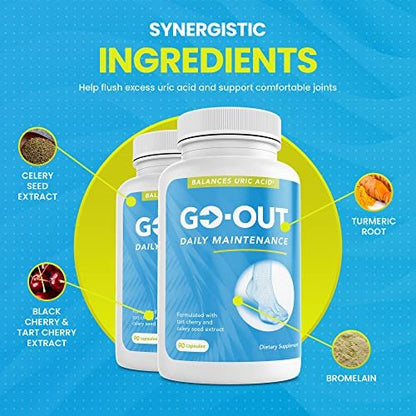 Go Out Daily Maintenance – Natürliche Harnsäureunterstützung mit Sauerkirsche, Selleriesamen und Kurkuma – Veganes, nicht-GVO, glutenfreies Nahrungsergänzungsmittel für Gelenkkomfort und gesunde Nierenfunktion, 90 Kapseln