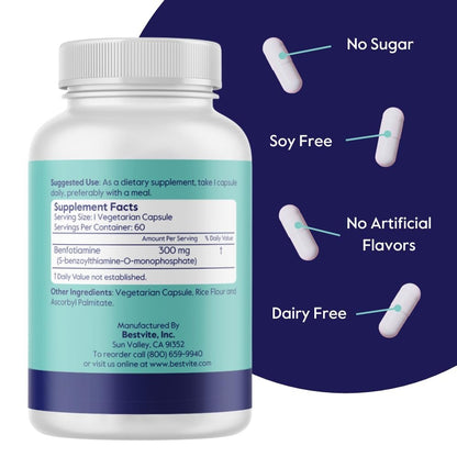 Benfotiamin 300mg – 60 vegane Kapseln, ohne Stearate, ohne Siliciumdioxid, vegan, nicht gentechnisch verändert, glutenfrei
