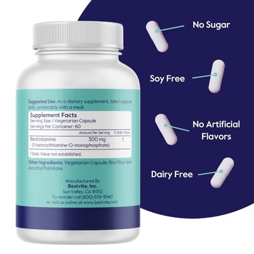 Benfotiamin 300mg – 60 vegane Kapseln, ohne Stearate, ohne Siliciumdioxid, vegan, nicht gentechnisch verändert, glutenfrei