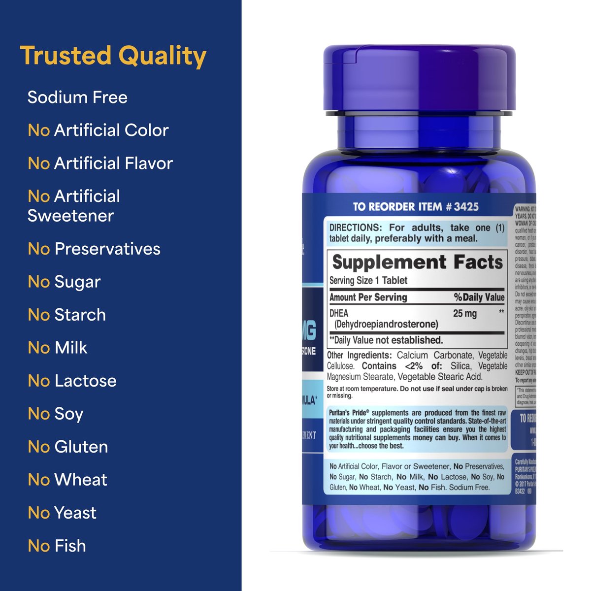 Puritan's Pride Youth Guard™ DHEA 25 mg – 250 Tabletten – Nahrungsergänzungsmittel für gesundes Altern für Frauen und Männer