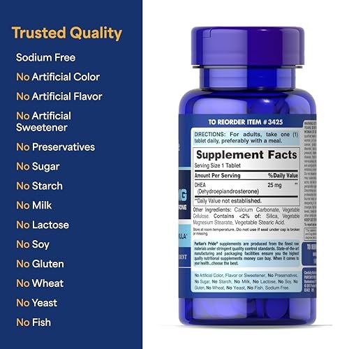Puritan's Pride Youth Guard™ DHEA 25 mg – 250 Tabletten – Nahrungsergänzungsmittel für gesundes Altern für Frauen und Männer