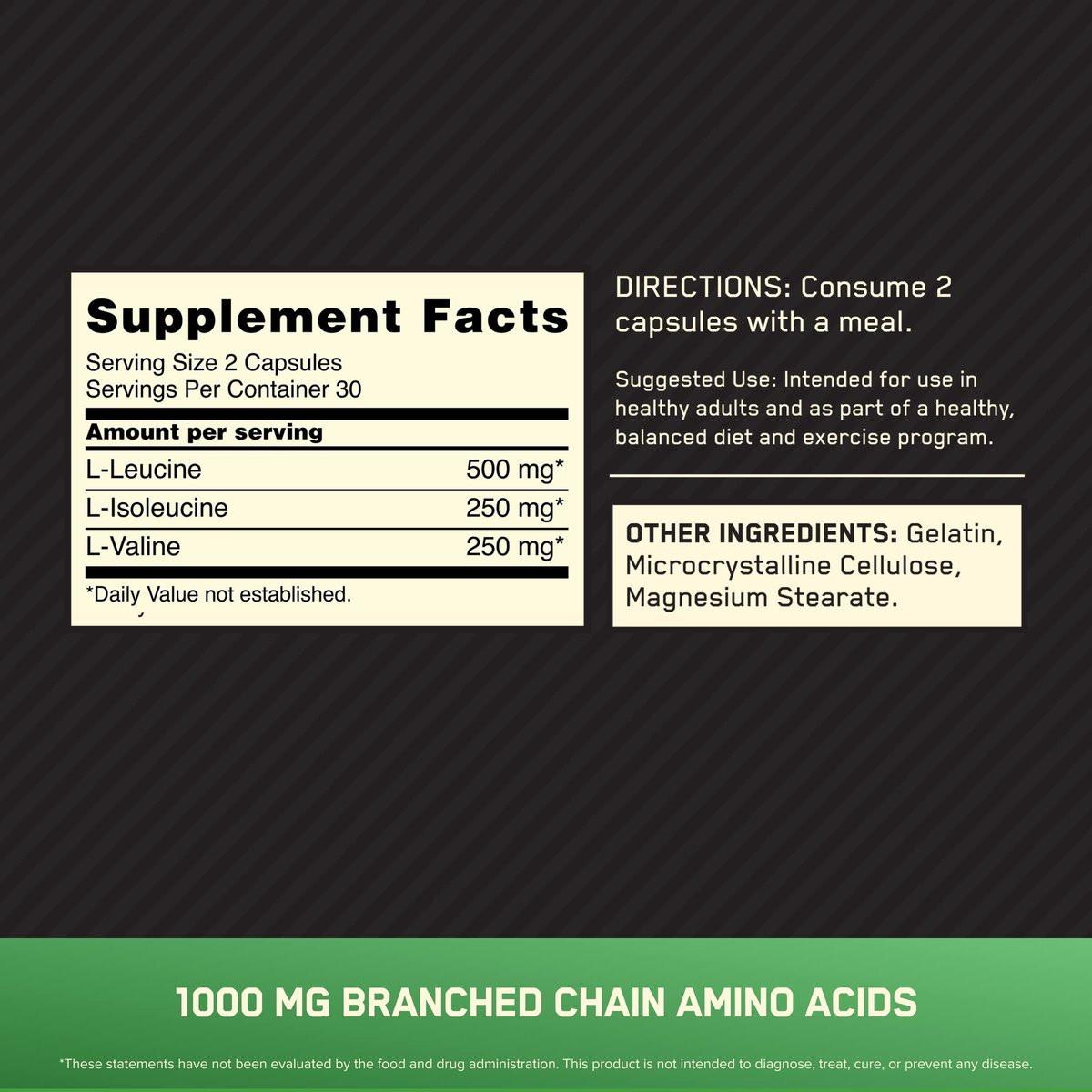 Optimum Nutrition Instantized BCAA Kapseln, Keto-freundlich, verzweigtkettige essentielle Aminosäuren, 1000mg, 60 Kapseln