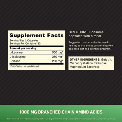 Optimum Nutrition Instantized BCAA Kapseln, Keto-freundlich, verzweigtkettige essentielle Aminosäuren, 1000mg, 60 Kapseln