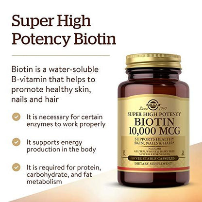 Solgar Biotin 10.000 mcg, 60 vegane Kapseln - Hochdosiert für Energie, Stoffwechsel, gesunde Haut, Nägel & Haare - Non-GMO, glutenfrei, laktosefrei, koscher - 60 Portionen