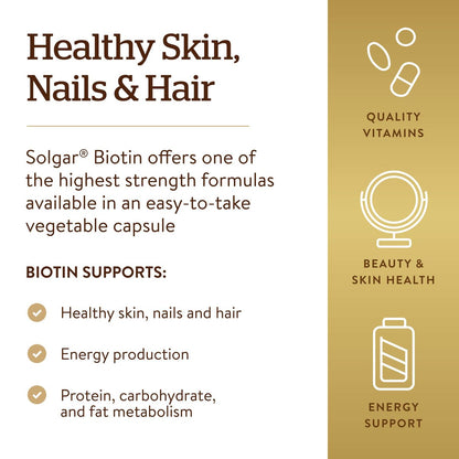 Solgar Biotin 10.000 mcg, 60 vegane Kapseln - Hochdosiert für Energie, Stoffwechsel, gesunde Haut, Nägel & Haare - Non-GMO, glutenfrei, laktosefrei, koscher - 60 Portionen