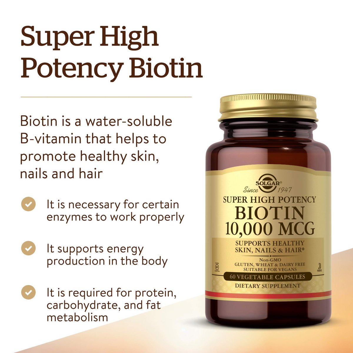 Solgar Biotin 10.000 mcg, 60 vegane Kapseln - Hochdosiert für Energie, Stoffwechsel, gesunde Haut, Nägel & Haare - Non-GMO, glutenfrei, laktosefrei, koscher - 60 Portionen