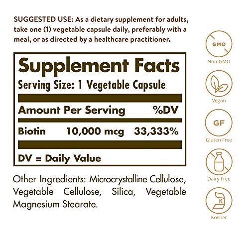 Solgar Biotin 10.000 mcg, 60 vegane Kapseln - Hochdosiert für Energie, Stoffwechsel, gesunde Haut, Nägel & Haare - Non-GMO, glutenfrei, laktosefrei, koscher - 60 Portionen