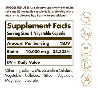 Solgar Biotin 10.000 mcg, 60 vegane Kapseln - Hochdosiert für Energie, Stoffwechsel, gesunde Haut, Nägel & Haare - Non-GMO, glutenfrei, laktosefrei, koscher - 60 Portionen