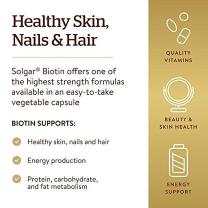 Solgar Biotin 10.000 mcg, 60 vegane Kapseln - Hochdosiert für Energie, Stoffwechsel, gesunde Haut, Nägel & Haare - Non-GMO, glutenfrei, laktosefrei, koscher - 60 Portionen