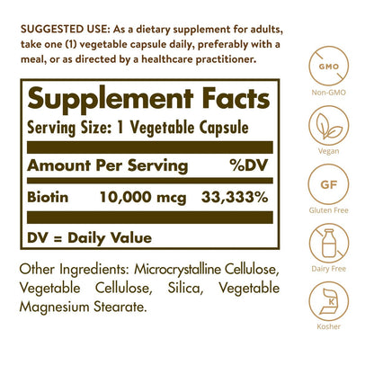 Solgar Biotin 10.000 mcg, 60 vegane Kapseln - Hochdosiert für Energie, Stoffwechsel, gesunde Haut, Nägel & Haare - Non-GMO, glutenfrei, laktosefrei, koscher - 60 Portionen