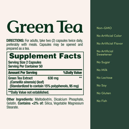 Nature's Bounty Grüner Tee Kapseln – 315 mg, 100 Kapseln, zur Unterstützung des Herzens und der antioxidativen Gesundheit