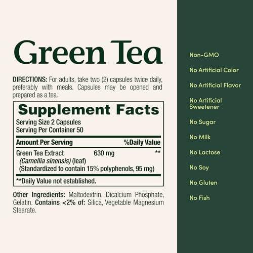 Nature's Bounty Grüner Tee Kapseln – 315 mg, 100 Kapseln, zur Unterstützung des Herzens und der antioxidativen Gesundheit