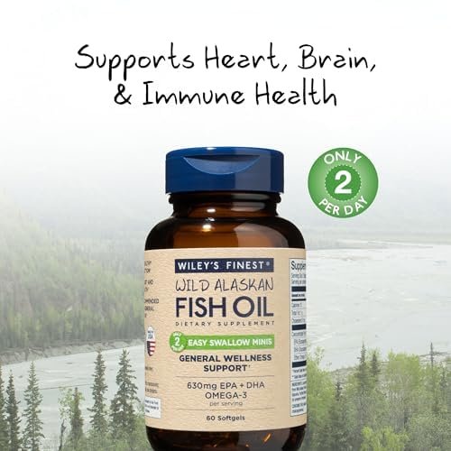Wiley's Finest Wild Alaskan Fish Oil Easy Swallow Minis - Omega-3 Nahrungsergänzung für Erwachsene und Kinder - Doppelte Stärke mit 630 mg EPA und DHA - 60 Mini Softgels (30 Portionen)