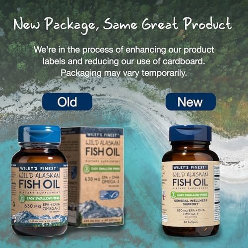 Wiley's Finest Wild Alaskan Fish Oil Easy Swallow Minis - Omega-3 Nahrungsergänzung für Erwachsene und Kinder - Doppelte Stärke mit 630 mg EPA und DHA - 60 Mini Softgels (30 Portionen)