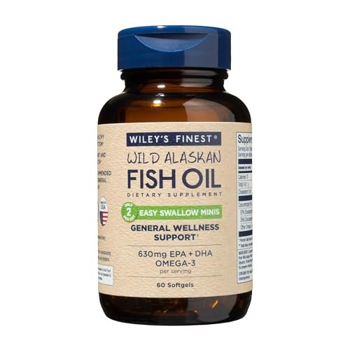 Wiley's Finest Wild Alaskan Fish Oil Easy Swallow Minis - Omega-3 Nahrungsergänzung für Erwachsene und Kinder - Doppelte Stärke mit 630 mg EPA und DHA - 60 Mini Softgels (30 Portionen)