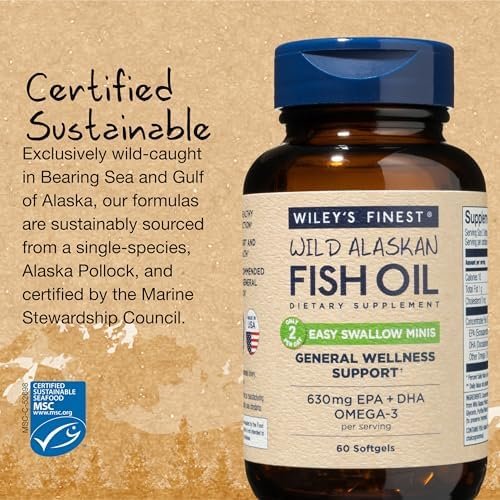 Wiley's Finest Wild Alaskan Fish Oil Easy Swallow Minis - Omega-3 Nahrungsergänzung für Erwachsene und Kinder - Doppelte Stärke mit 630 mg EPA und DHA - 60 Mini Softgels (30 Portionen)