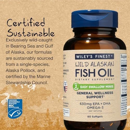 Wiley's Finest Wild Alaskan Fish Oil Easy Swallow Minis - Omega-3 Nahrungsergänzung für Erwachsene und Kinder - Doppelte Stärke mit 630 mg EPA und DHA - 60 Mini Softgels (30 Portionen)