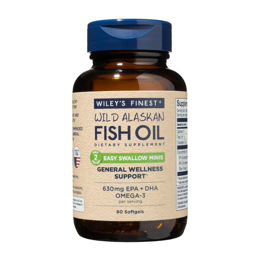 Wiley's Finest Wild Alaskan Fish Oil Easy Swallow Minis - Omega-3 Nahrungsergänzung für Erwachsene und Kinder - Doppelte Stärke mit 630 mg EPA und DHA - 60 Mini Softgels (30 Portionen)