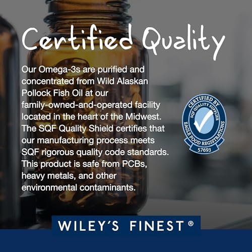 Wiley's Finest Wild Alaskan Fish Oil Easy Swallow Minis - Omega-3 Nahrungsergänzung für Erwachsene und Kinder - Doppelte Stärke mit 630 mg EPA und DHA - 60 Mini Softgels (30 Portionen)