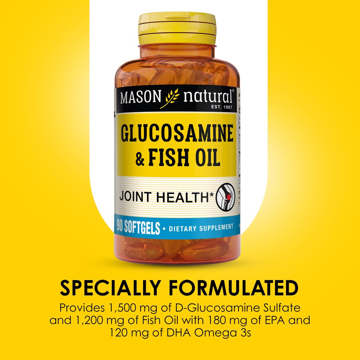 MASON NATURAL Glucosamin & Fischöl Kapseln mit DHA & Omega 3 für Gelenk- und Muskelunterstützung, 90 Weichkapseln (1 Monatsvorrat)