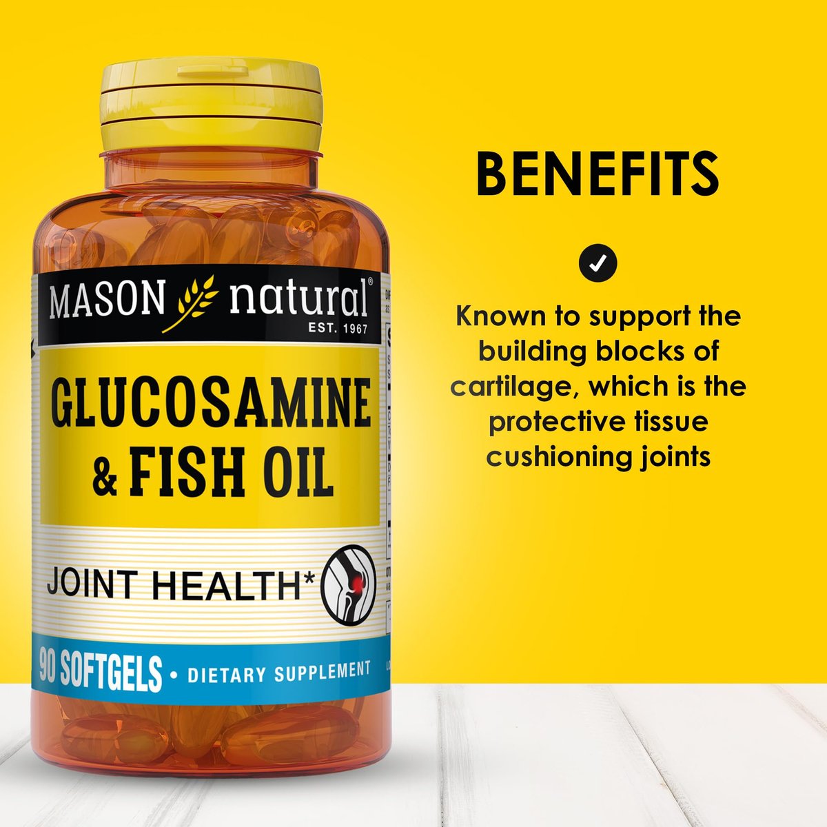MASON NATURAL Glucosamin & Fischöl Kapseln mit DHA & Omega 3 für Gelenk- und Muskelunterstützung, 90 Weichkapseln (1 Monatsvorrat)