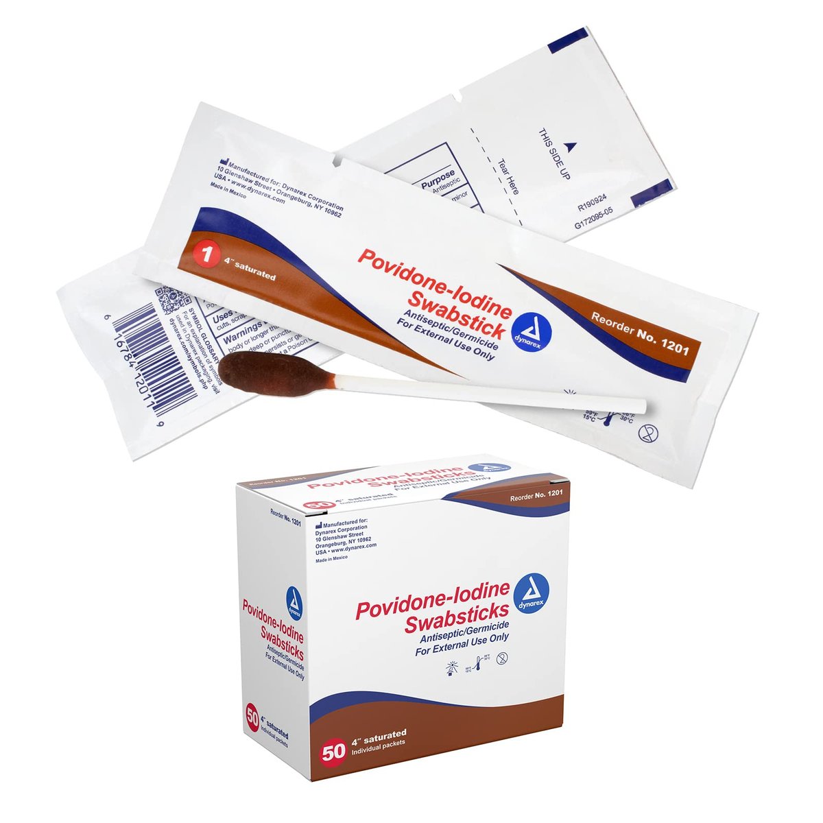 Dynarex Povidon-Iod-Tupferstäbchen – 50 einzeln verpackte Antiseptika-Tupfer zur Hautdesinfektion