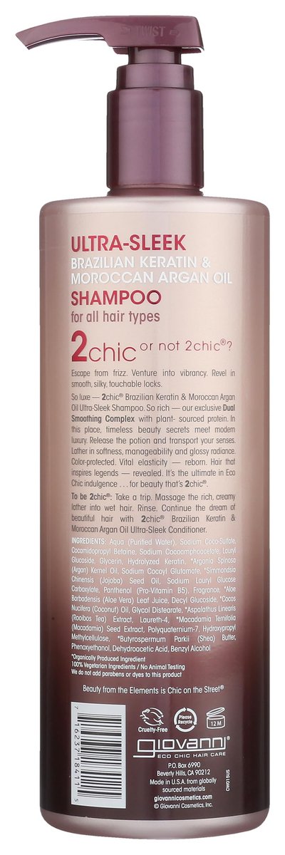 GIOVANNI 2chic Ultra-Sleek Shampoo - Brasilianisches Phyto-Keratin & Marokkanisches Arganöl, Anti-Frizz Formel, Kokosnuss, Sheabutter, Pro-Vitamin B5, Farbschutz, Parabenfrei - 710 ml
