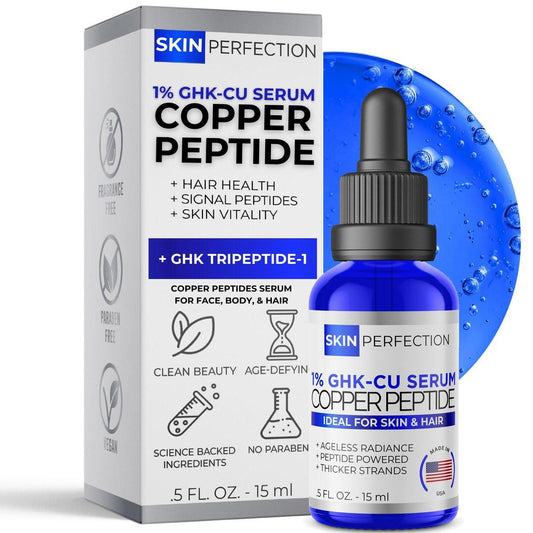 Skin Perfection GHK-CU Kupferpeptid Serum für Gesicht und Haar – 1% blaue Flüssigkeit für Haut, Haare und Kopfhaut – Multi-Use Serum Booster mit Pipette 0,5 fl oz