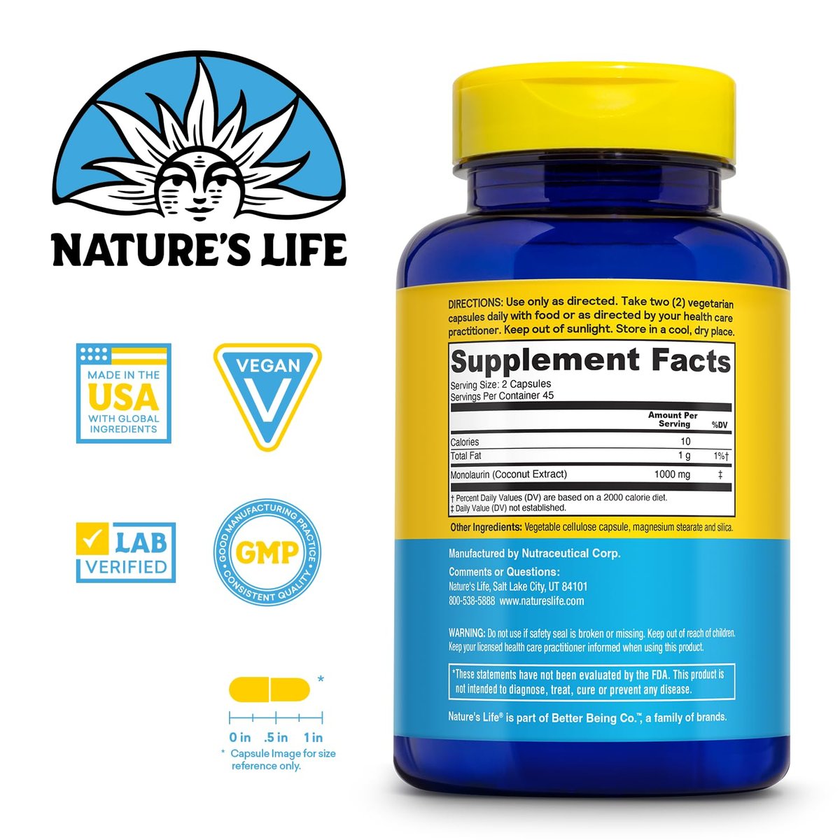 Nature's Life Monolaurin 1000 mg – Nahrhaftes Monolaurin aus natürlicher Roh-Kokosnuss, Immununterstützung, Darmgesundheit, ausgewogene Darmflora, 60-Tage-Garantie, 45 Portionen, 90 vegane Kapseln