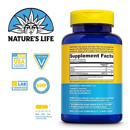 Nature's Life Monolaurin 1000 mg – Nahrhaftes Monolaurin aus natürlicher Roh-Kokosnuss, Immununterstützung, Darmgesundheit, ausgewogene Darmflora, 60-Tage-Garantie, 45 Portionen, 90 vegane Kapseln