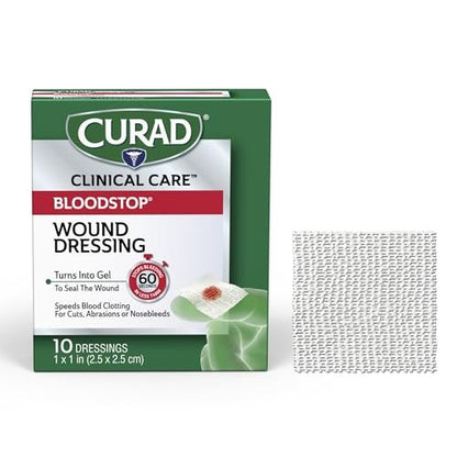 CURAD BloodStop® Wundverband | 1” x 1” | Hämostatische Gaze zur schnellen Blutstillung | Für Schnitte, Schürfwunden oder Nasenbluten | 10 Stück