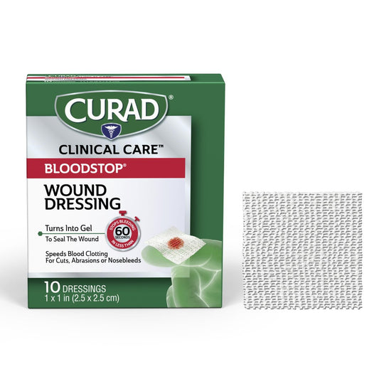 CURAD BloodStop® Wundverband | 1” x 1” | Hämostatische Gaze zur schnellen Blutstillung | Für Schnitte, Schürfwunden oder Nasenbluten | 10 Stück