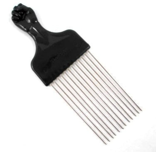 Afro Pick mit schwarzer Faust - Metall Kamm für afroamerikanisches Haar, gerade