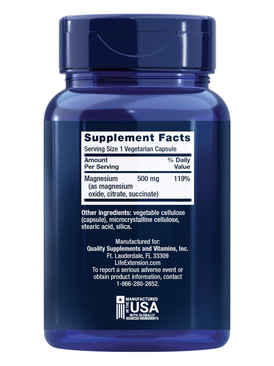 Life Extension Magnesium Kapseln, 500 mg, Magnesiumoxid, -citrat und -succinat, Herzgesundheit, Gesunde Knochen, Stoffwechselunterstützung, 100 vegetarische Kapseln