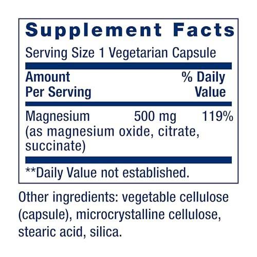 Life Extension Magnesium Kapseln, 500 mg, Magnesiumoxid, -citrat und -succinat, Herzgesundheit, Gesunde Knochen, Stoffwechselunterstützung, 100 vegetarische Kapseln