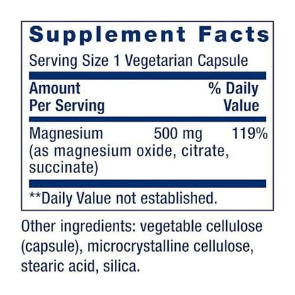 Life Extension Magnesium Kapseln, 500 mg, Magnesiumoxid, -citrat und -succinat, Herzgesundheit, Gesunde Knochen, Stoffwechselunterstützung, 100 vegetarische Kapseln