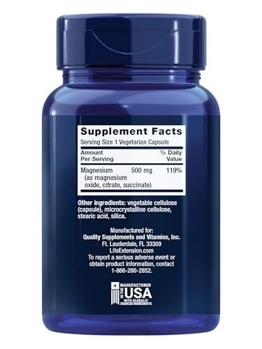 Life Extension Magnesium Kapseln, 500 mg, Magnesiumoxid, -citrat und -succinat, Herzgesundheit, Gesunde Knochen, Stoffwechselunterstützung, 100 vegetarische Kapseln