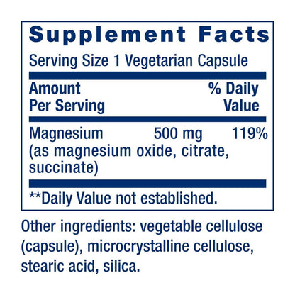 Life Extension Magnesium Kapseln, 500 mg, Magnesiumoxid, -citrat und -succinat, Herzgesundheit, Gesunde Knochen, Stoffwechselunterstützung, 100 vegetarische Kapseln