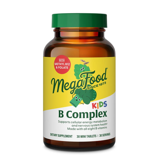 MegaFood Kinder Vitamin B Komplex – mit Vitamin B12 & B6, Folsäure, Biotin, Zink, Melisse, L-Theanin & mehr, unterstützt den zellulären Energiestoffwechsel, vegetarisch, glutenfrei – 30 Mini-Tabletten