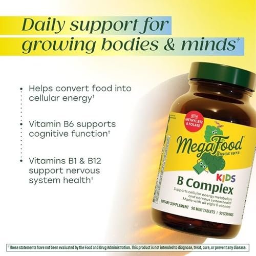 MegaFood Kinder Vitamin B Komplex – mit Vitamin B12 & B6, Folsäure, Biotin, Zink, Melisse, L-Theanin & mehr, unterstützt den zellulären Energiestoffwechsel, vegetarisch, glutenfrei – 30 Mini-Tabletten