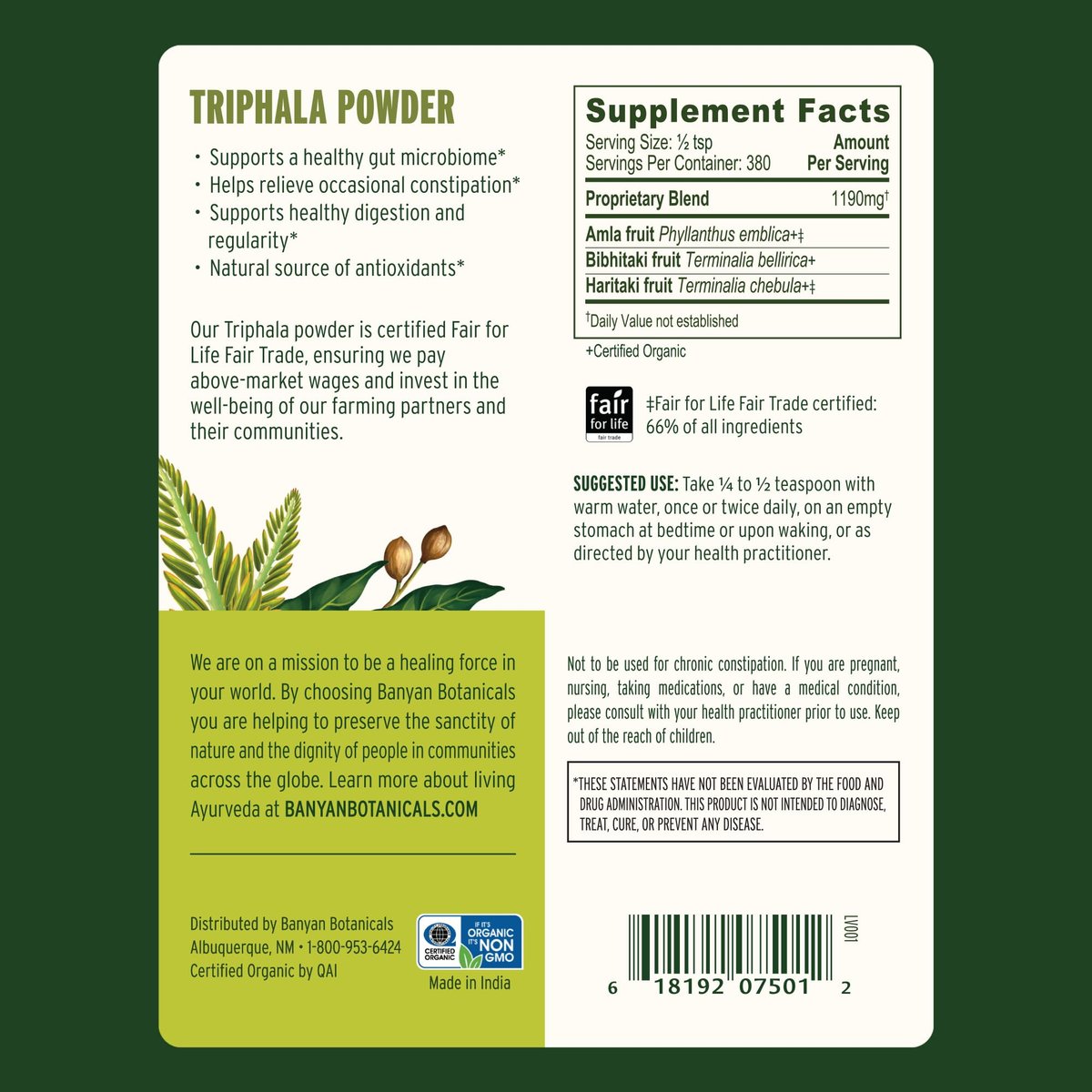Banyan Botanicals Bio Triphala Pulver – Tägliche Verdauungsunterstützung & sanfte Darmreinigung – Reines Amla, Haritaki & Bibhitaki für Darmmikrobiom & Regelmäßigkeit – 450 g – USDA Bio