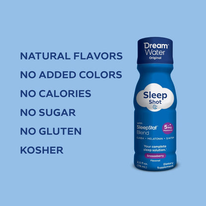 Dream Water Schlafhilfe-Getränk; Melatonin 5mg, GABA, 5-HTP; Zuckerfrei, Natürliche Aromen, Ohne Farbstoffe, 2,5 Flüssigunzen Schlaf-Shots, Snoozeberry, 4er-Pack