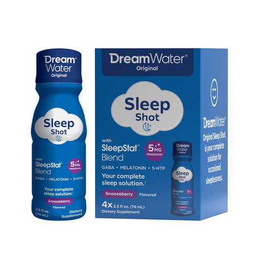 Dream Water Schlafhilfe-Getränk; Melatonin 5mg, GABA, 5-HTP; Zuckerfrei, Natürliche Aromen, Ohne Farbstoffe, 2,5 Flüssigunzen Schlaf-Shots, Snoozeberry, 4er-Pack