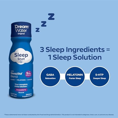 Dream Water Schlafhilfe-Getränk; Melatonin 5mg, GABA, 5-HTP; Zuckerfrei, Natürliche Aromen, Ohne Farbstoffe, 2,5 Flüssigunzen Schlaf-Shots, Snoozeberry, 4er-Pack