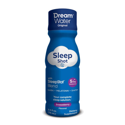 Dream Water Schlafhilfe-Getränk; Melatonin 5mg, GABA, 5-HTP; Zuckerfrei, Natürliche Aromen, Ohne Farbstoffe, 2,5 Flüssigunzen Schlaf-Shots, Snoozeberry, 4er-Pack