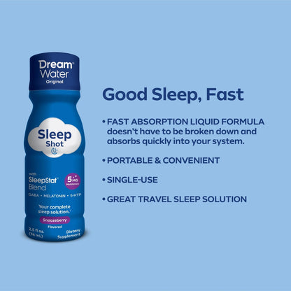 Dream Water Schlafhilfe-Getränk; Melatonin 5mg, GABA, 5-HTP; Zuckerfrei, Natürliche Aromen, Ohne Farbstoffe, 2,5 Flüssigunzen Schlaf-Shots, Snoozeberry, 4er-Pack