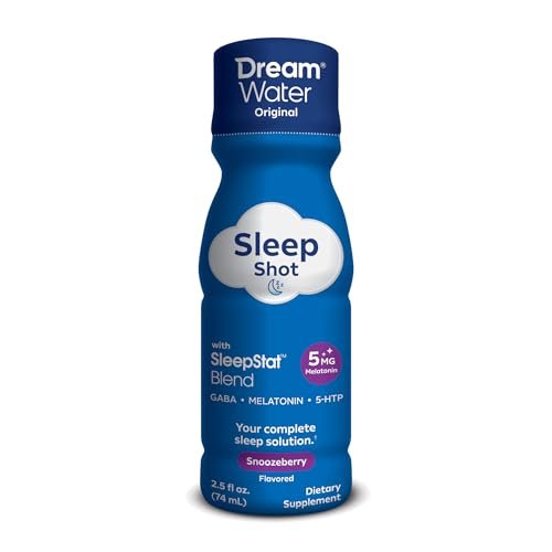 Dream Water Schlafhilfe-Getränk; Melatonin 5mg, GABA, 5-HTP; Zuckerfrei, Natürliche Aromen, Ohne Farbstoffe, 2,5 Flüssigunzen Schlaf-Shots, Snoozeberry, 4er-Pack